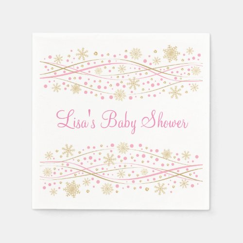 Pink  Gold Glitter Snowflake Baby Shower Paper Napkins