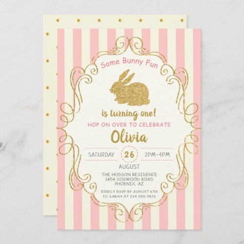 Pink Gold Glitter Some Bunny Birthday Invitation