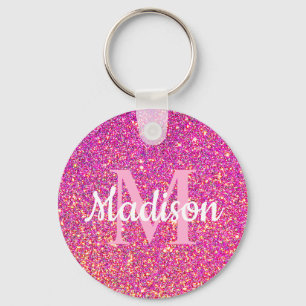 Pink Gold Glitter Sparkle Chic Monogram Name Keychain