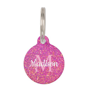 Pink Gold Glitter Sparkle Chic Monogram Name Pet ID Tag