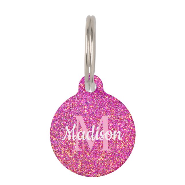 Pink Gold Glitter Sparkle Chic Monogram Name Pet ID Tag (Front)