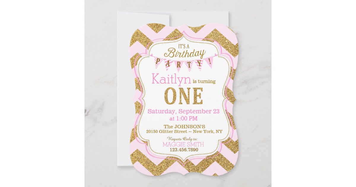 Pink Gold Glitter Sparkle First Birthday Invite | Zazzle