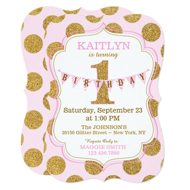 Pink Gold Glitter Sparkle First Birthday Invite