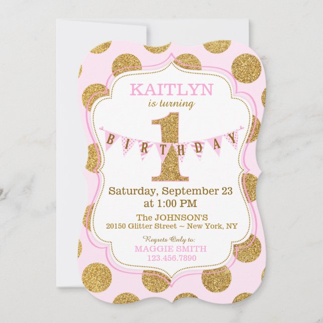 Pink Gold Glitter Sparkle First Birthday Invite (Front)