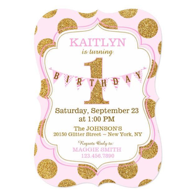 Pink Gold Glitter Sparkle First Birthday Invite