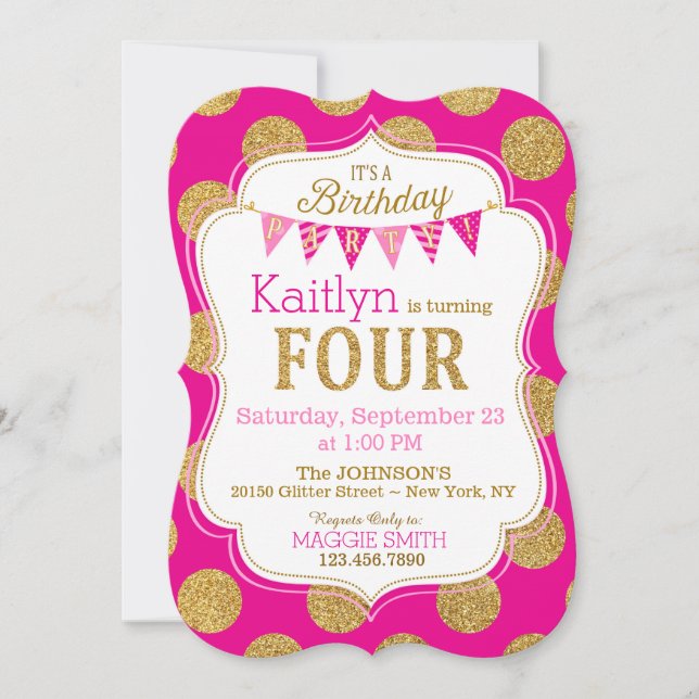 Pink Gold Glitter Sparkle Fourth Birthday Invite (Front)