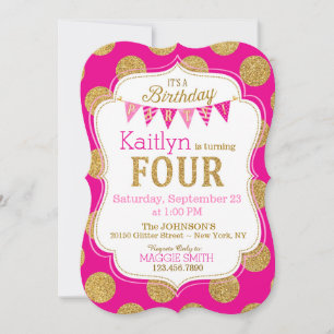 Pink Gold Glitter Sparkle Fourth Birthday Invite