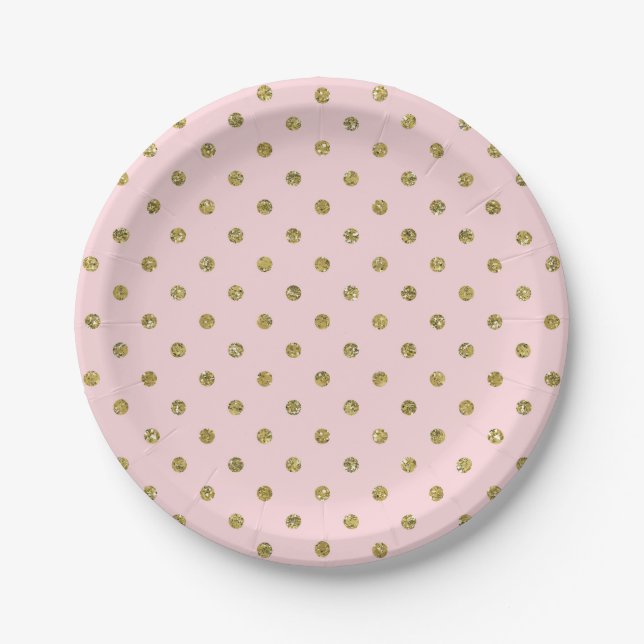 Pink & Gold Glitter Sparkle Polka Dots Chic Party Paper Plates (Front)