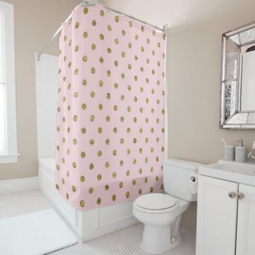 Pink  Gold Glitter Sparkle Polka Dots Minimal Shower Curtain