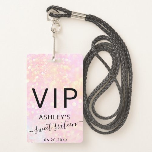 Pink gold glitter sparkles bokeh Sweet 16 VIP Badge