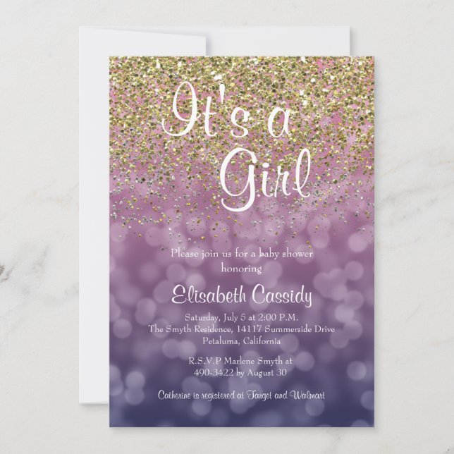 Pink & Gold Glitter Sprinkle Baby Shower Invite (Front)