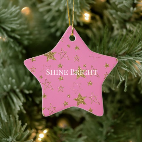 Pink Gold Glitter Stars Ceramic Ornament