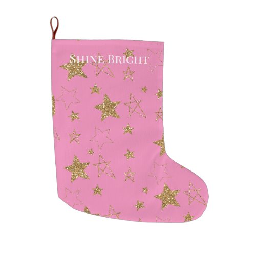 Pink Gold Glitter Stars Large Christmas Stocking