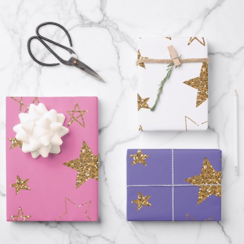 Pink Gold Glitter Stars Wrapping Paper Sheets