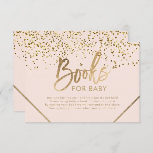 Pink gold glitter stripe bring a book baby shower enclosure card - Gold script typography with gold confetti gold geometric stripes on blush pink  books for baby with directions at the back