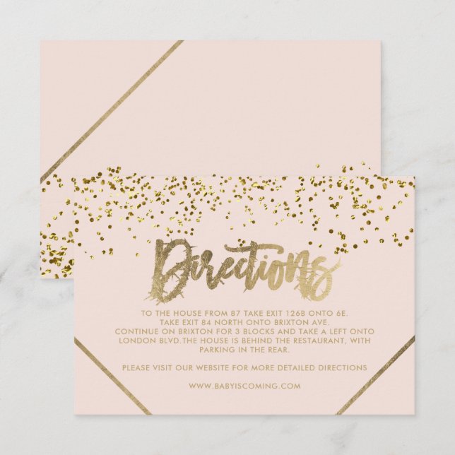 Pink gold glitter stripe directions baby shower enclosure card (Front/Back)