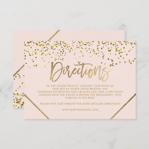 Pink gold glitter stripe directions baby shower enclosure card - Gold script typography with gold confetti gold geometric stripes on blush pink  directions