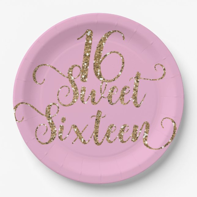 Pink & Gold Glitter Sweet 16 Birthday Party  Paper Plates (Front)