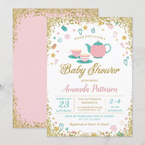 Pink Gold Glitter Tea Party Baby Shower Invitation