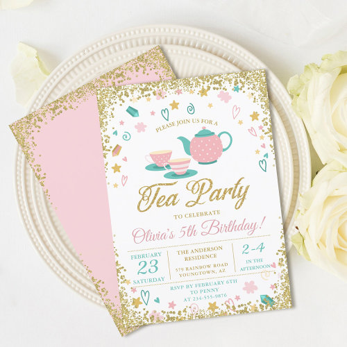 Pink Gold Glitter Tea Party Girls Birthday
