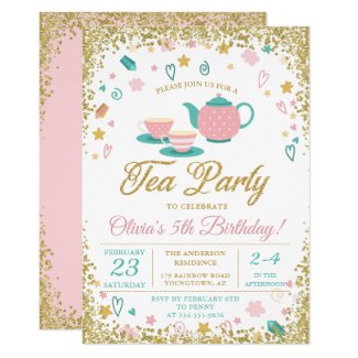 Pink Gold Glitter Tea Party Girls Birthday Invitation