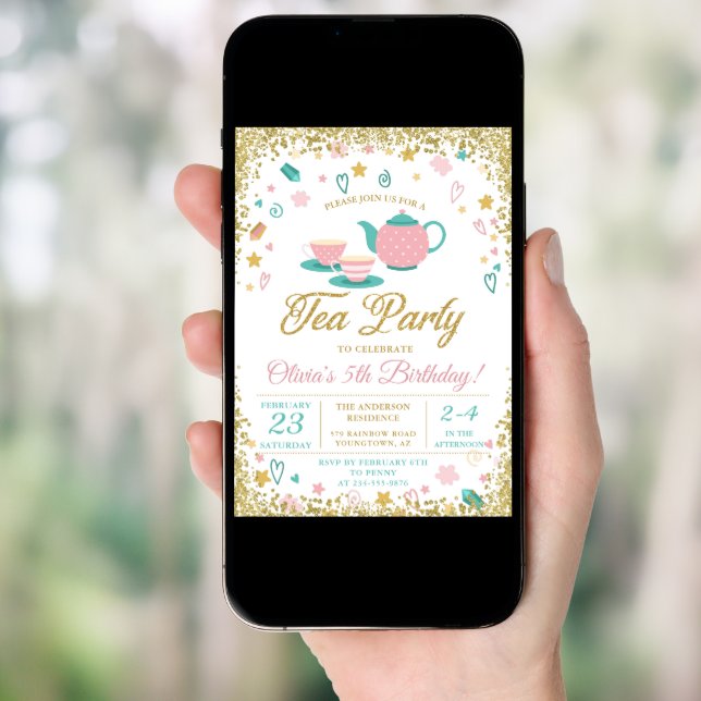 Pink Gold Glitter Tea Party Girls Birthday Invitation (Front Digital)