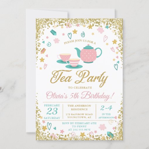 Pink Gold Glitter Tea Party Girls Birthday Invitation | Zazzle