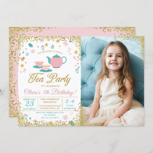 Pink Gold Glitter Tea Party Girls Birthday Photo Invitation