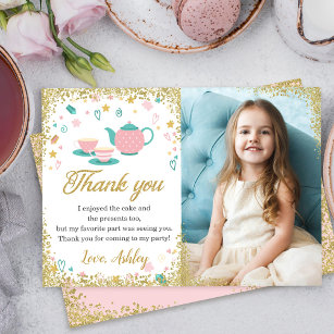 Pink Gold Glitter Tea Party Girls Birthday Photo Thank You Card