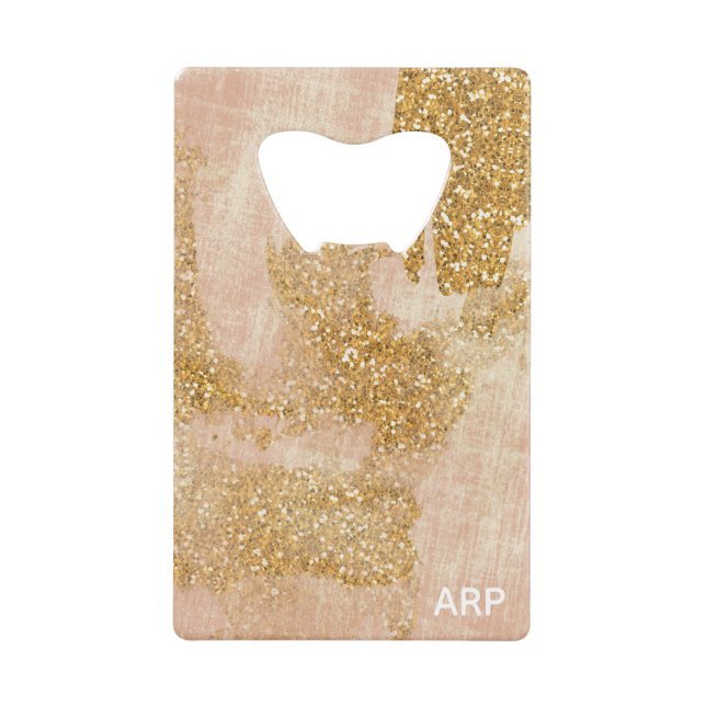 *~* Pink Gold Glitter Textured Distressed Golden Credit Card Bottle Opener (Front)