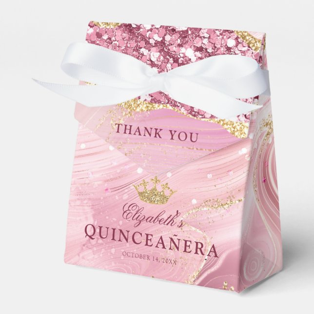 Pink Gold Glitter Tiara Agate 15th Quinceañera Favor Boxes (Front Side)