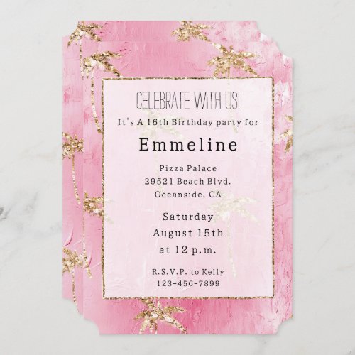 Pink Gold Glitter Tropical Palm Trees Invitation