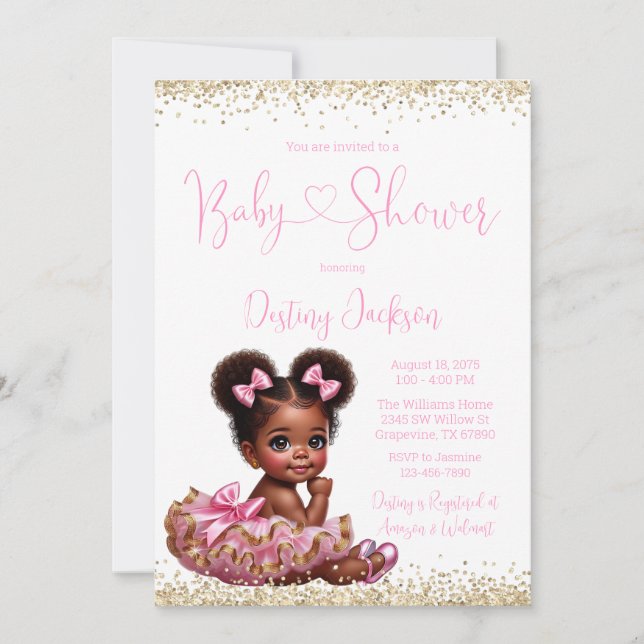 Pink Gold Glitter Tutu African Girl Baby Shower  Invitation (Front)