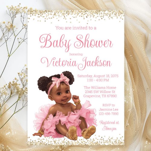 Pink Gold Glitter Tutu African Girl Baby Shower  Invitation