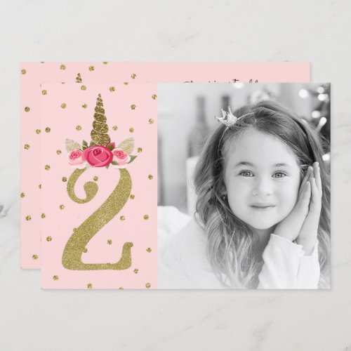 Pink Gold Glitter Unicorn 2 2nd Birthday Party Invitation