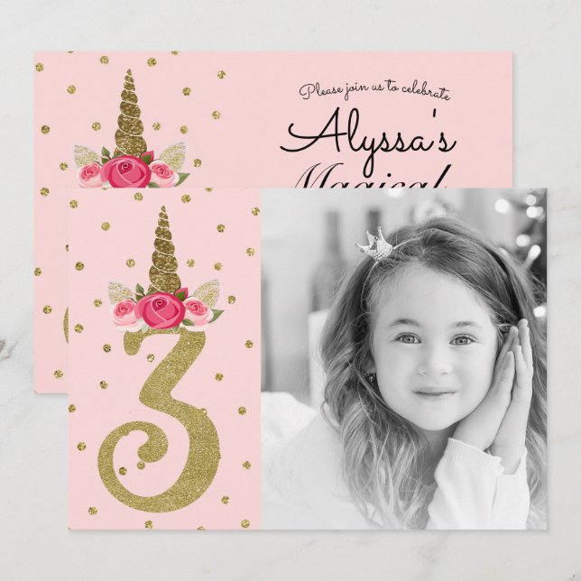 Pink Gold Glitter Unicorn 3 3rd Birthday Party Invitation (Front/Back)