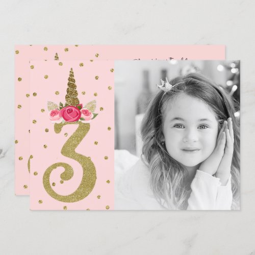 Pink Gold Glitter Unicorn 3 3rd Birthday Party Invitation