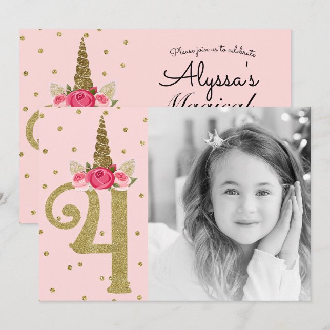 Pink Gold Glitter Unicorn 4 4th Birthday Party Invitation (Front/Back)