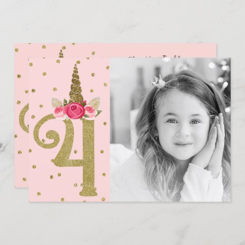 Pink Gold Glitter Unicorn 4 4th Birthday Party Invitation