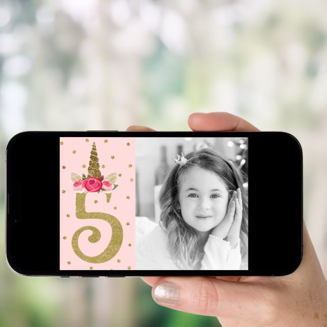 Pink Gold Glitter Unicorn 5 5th Birthday Party Invitation (Front Digital)