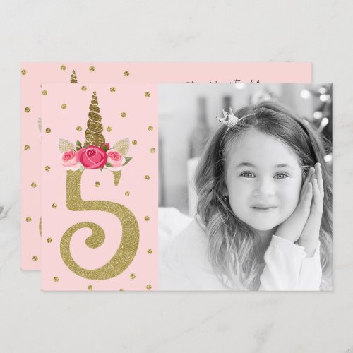 Pink Gold Glitter Unicorn 5 5th Birthday Party Invitation