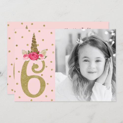 Pink Gold Glitter Unicorn 6 6th Six Birthday Party Invitation