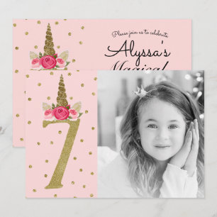 Pink Gold Glitter Unicorn 7 7th  Birthday Party Invitation