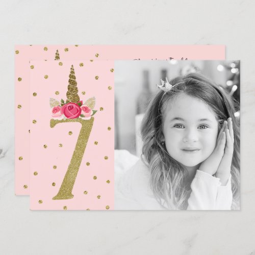 Pink Gold Glitter Unicorn 7 7th  Birthday Party Invitation