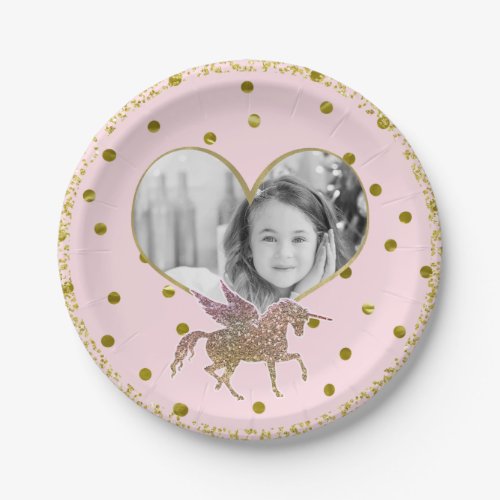 Pink  Gold Glitter Unicorn Birthday Party Photo Paper Plates