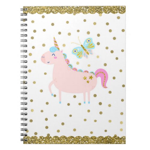 Pink  Gold Glitter Unicorn Confetti Dots Girls Notebook