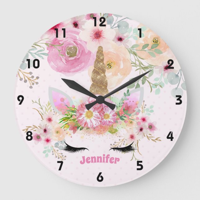 Pink Gold Glitter Unicorn Face Flowers Girls Gifts Large Clock (Front)