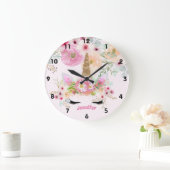 Pink Gold Glitter Unicorn Face Flowers Girls Gifts Large Clock (Home)