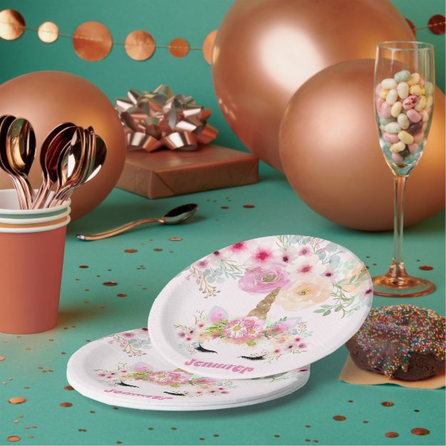 Pink Gold Glitter Unicorn Face Flowers Girls Gifts Paper Plates