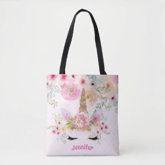 Pink Gold Glitter Unicorn Face Flowers Girls Gifts Tote Bag
